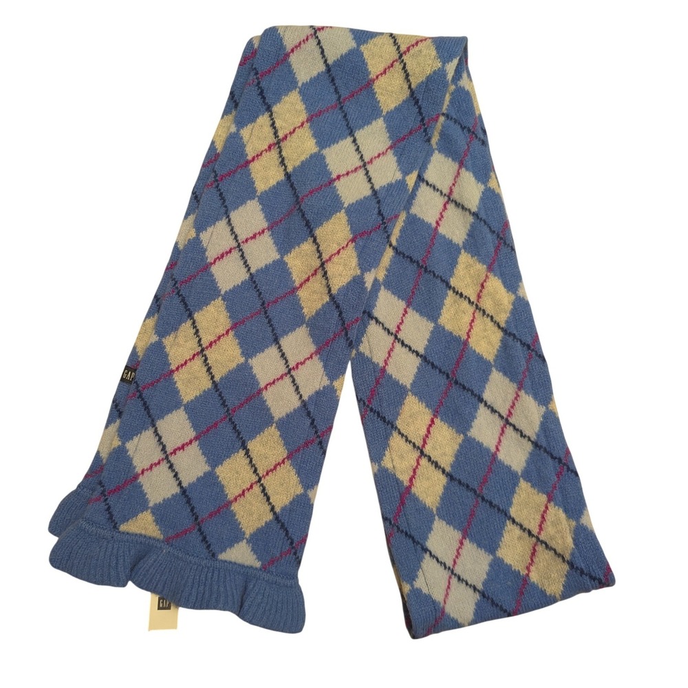 Vintage Deadstock GAP Scarf Blue Argyle 100% Lambswool Ruffle‎ Trim Y2K Preppy